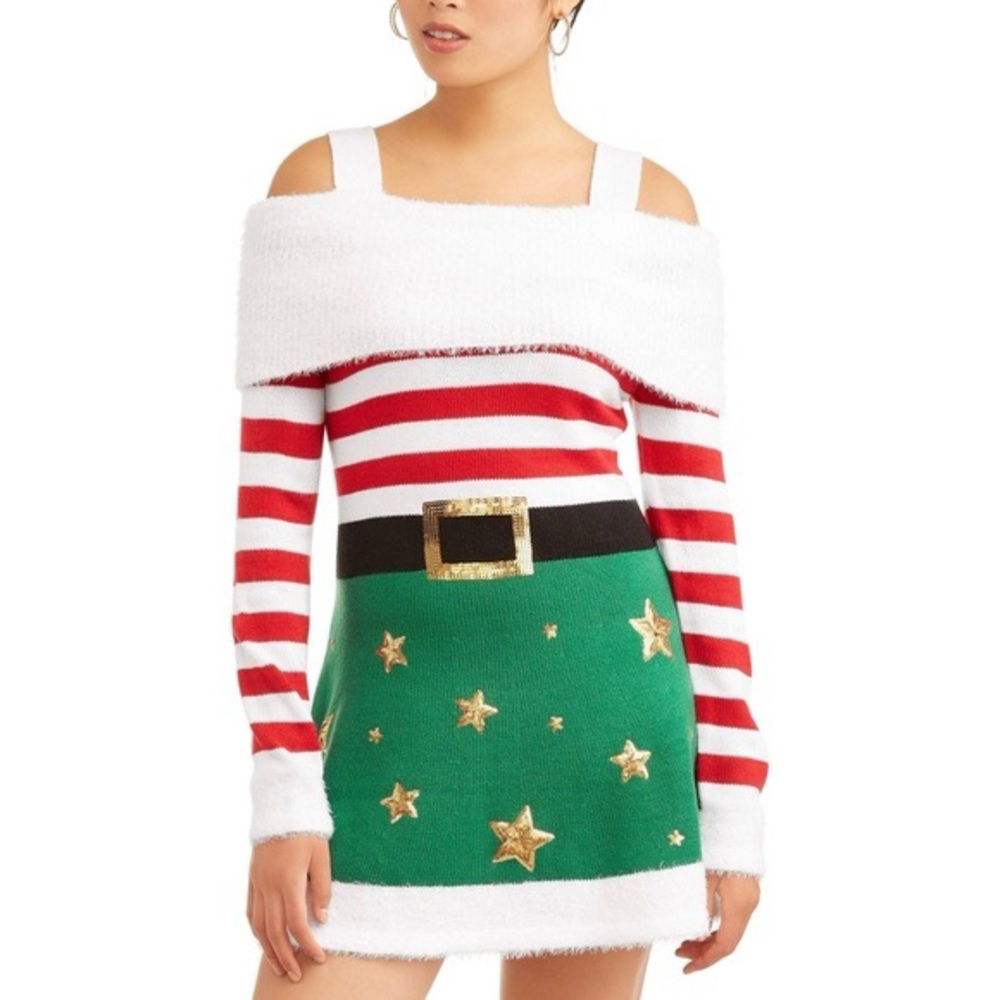 Holiday Time Red and White Off-Shoulder Sweater